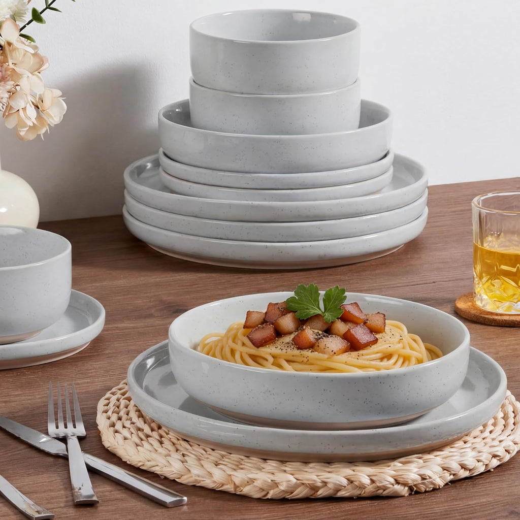 HaWare 24-Piece Plates and Bowls Set for 6, Stoneware Dinnerware Sets with Pasta Bowl, Dishes Set for Home Restaurant, Speckled Misty Grey