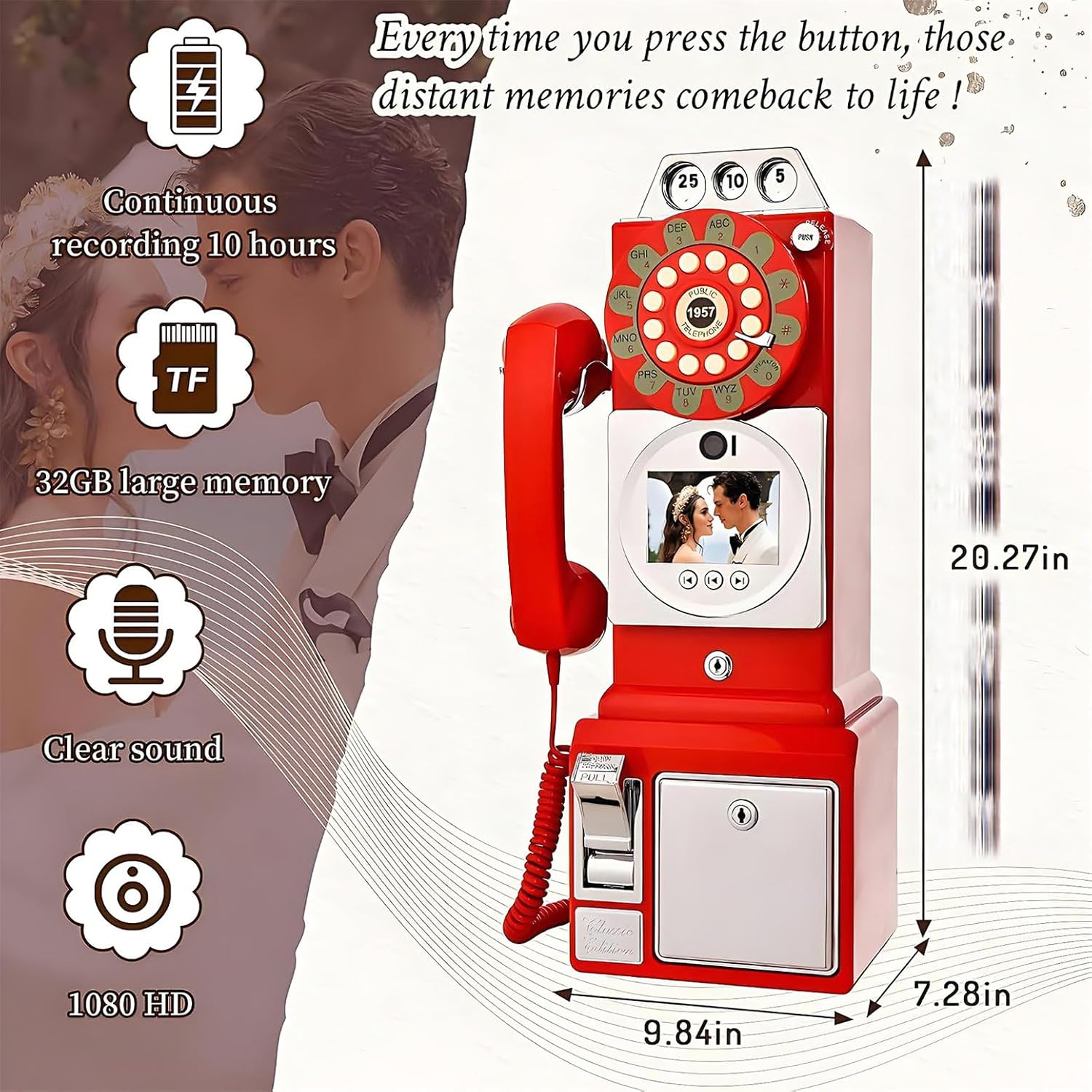 Video Audio Guest Book Phone, 1080P Video GuestBook Wedding Phone, Video Audio Guest Book with Lens Recording 52x20x27cm Red