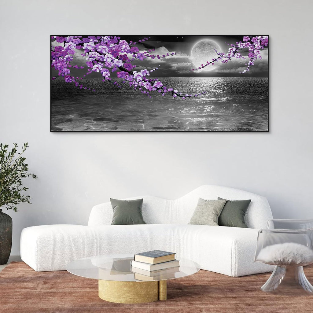 yiijeah Large Purple Wall Art Decor for Living Room Bedroom Framed Black and White Seascape Full Moon Purple Flower Painting Canvas Picture Modern Hand-Painted Plum Blossom Artwork for Home Office