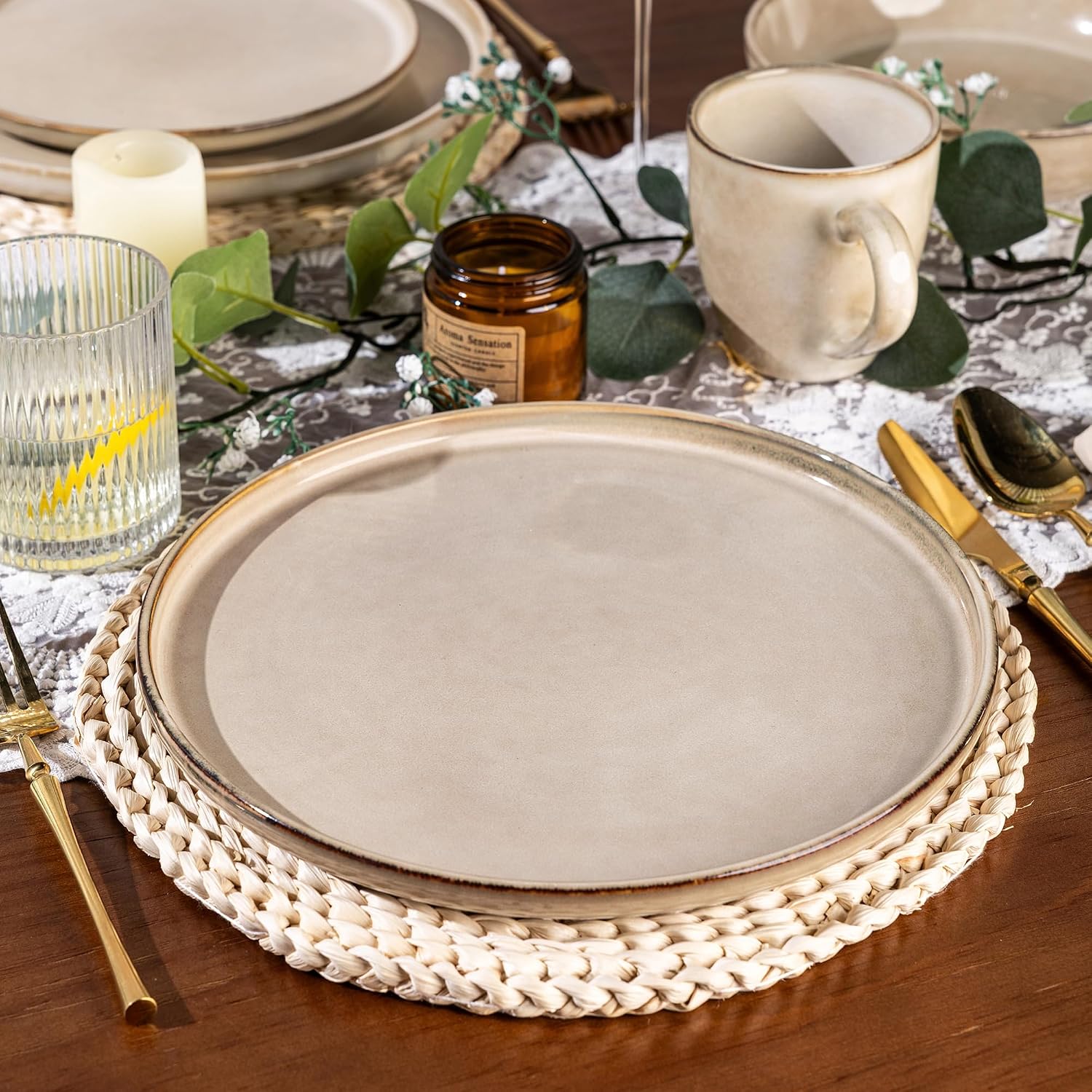 GBHOME 32 Pieces Double Bowls Ceramic Dinnerware Sets for 8, Stoneware Plates and Bowls Set with Reactive Glaze, Scratch Resistant Stoneware Dishes Set, Dishwasher & Microwave Safe