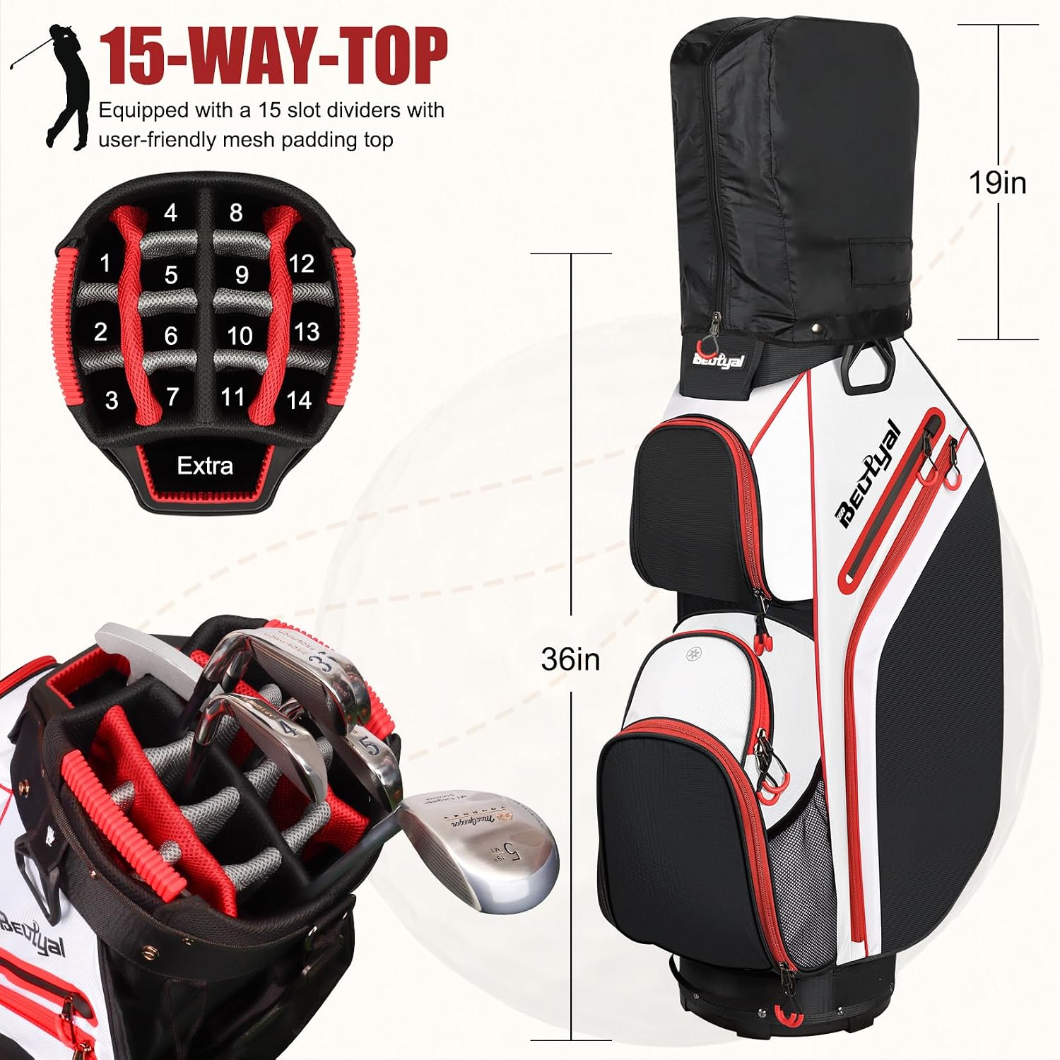Cart Golf Bag 15 Way Organizer Divider Top Golf Club Bags Lightweight Golf Cart Bags for Men Women with Cooler, Rain Cover
