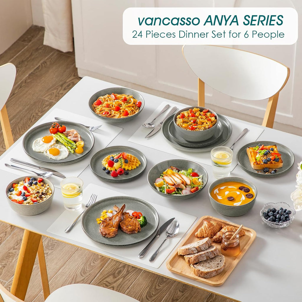 vancasso ANYA 24 Pieces Plates and Bowls Set, Stone Grey Dinnerware Sets, Reactive Glaze Dishes Set for 6, Ceramic Dishware Sets Kitchen Dinner Set, Microwave & Dishwasher Safe