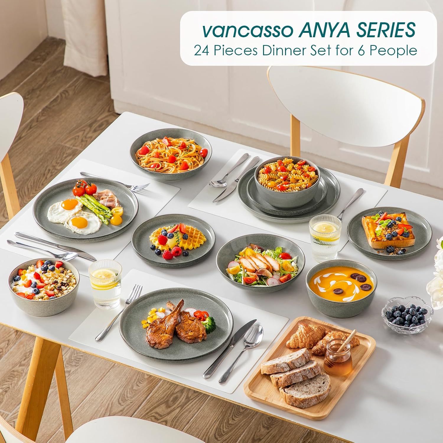 vancasso ANYA 24 Pieces Plates and Bowls Set, Stone Grey Dinnerware Sets, Reactive Glaze Dishes Set for 6, Ceramic Dishware Sets Kitchen Dinner Set, Microwave & Dishwasher Safe