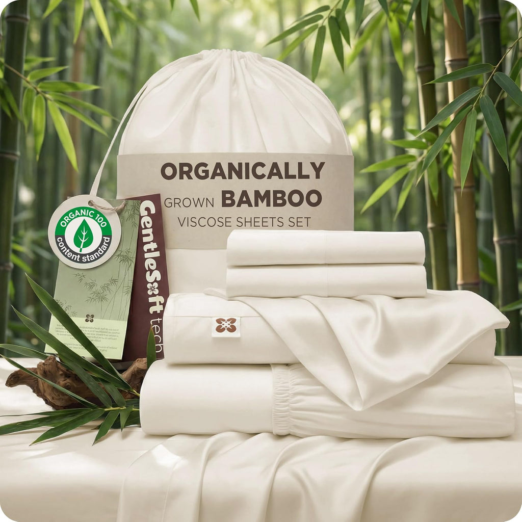 Bedsure 100% Organically Grown Bamboo Viscose King Size Sheets Set | Cooling Bedsheets for Hot Sleepers | Luxury Silky Soft | 18' Deep Pocket with Corner Straps | Oeko-Tex Certified [Beige]