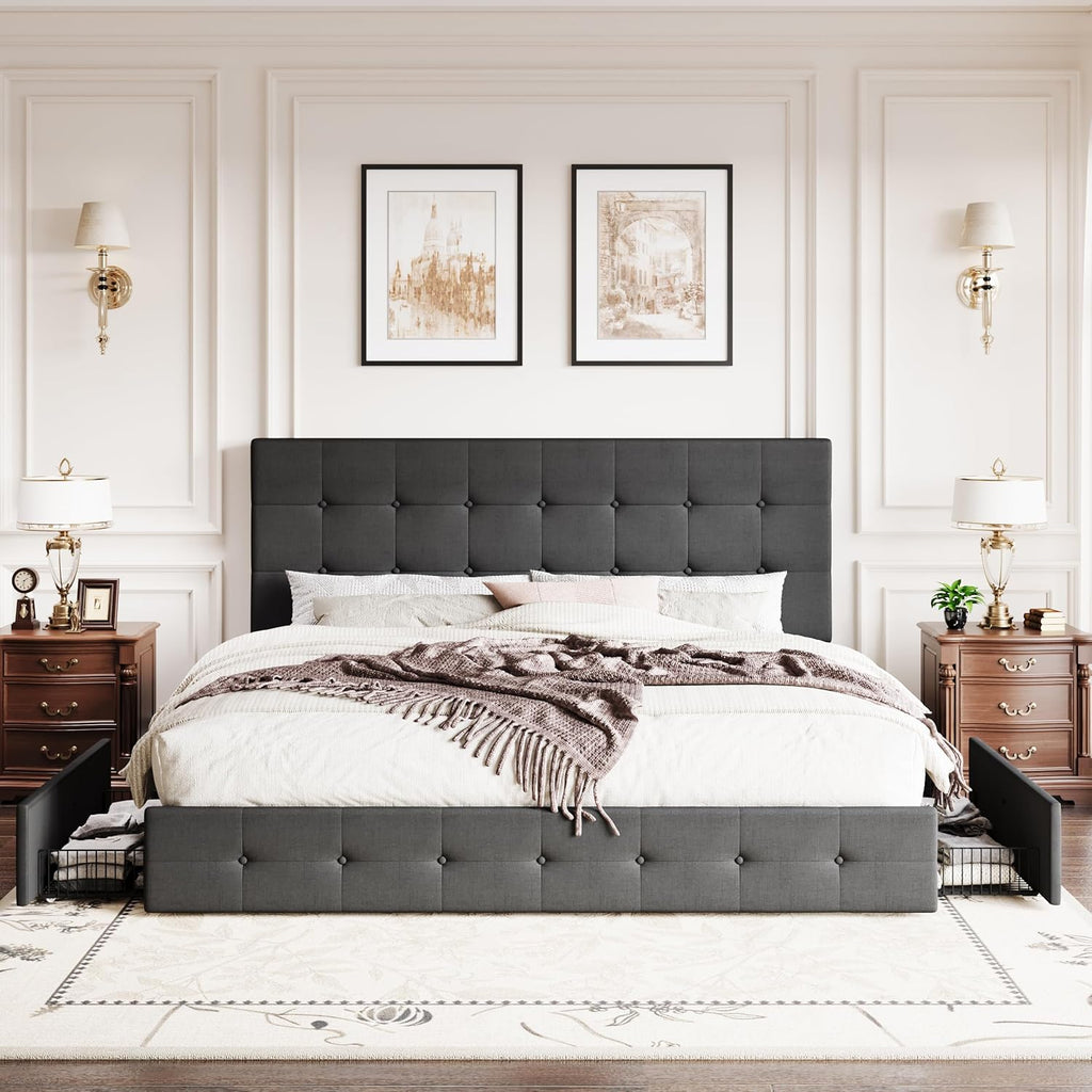 SHA CERLIN Upholstered King Size Platform Bed Frame with 4 Storage Drawers, Adjustable Headboard with Square Stitched Button Tufted Design, Wooden Slat Support, No Box Spring Needed, Dark Grey