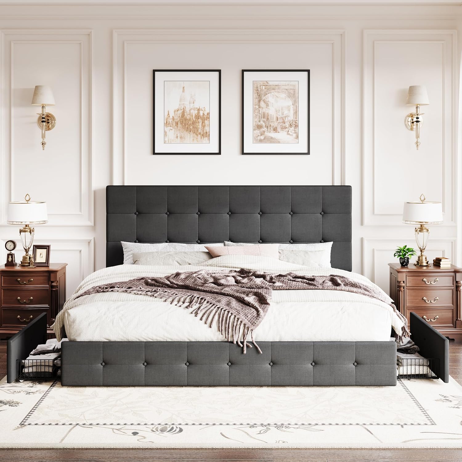 SHA CERLIN Upholstered King Size Platform Bed Frame with 4 Storage Drawers, Adjustable Headboard with Square Stitched Button Tufted Design, Wooden Slat Support, No Box Spring Needed, Dark Grey
