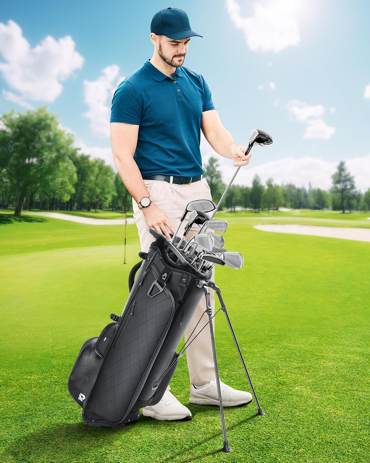 14 Way Golf Stand Bag, Full Length Dividers PU Leather Golf Bag with Plush Top for Men/Women, Waterproof & Versatile Storage Golf Bag with Cooler, Rain Cover and Removable Straps