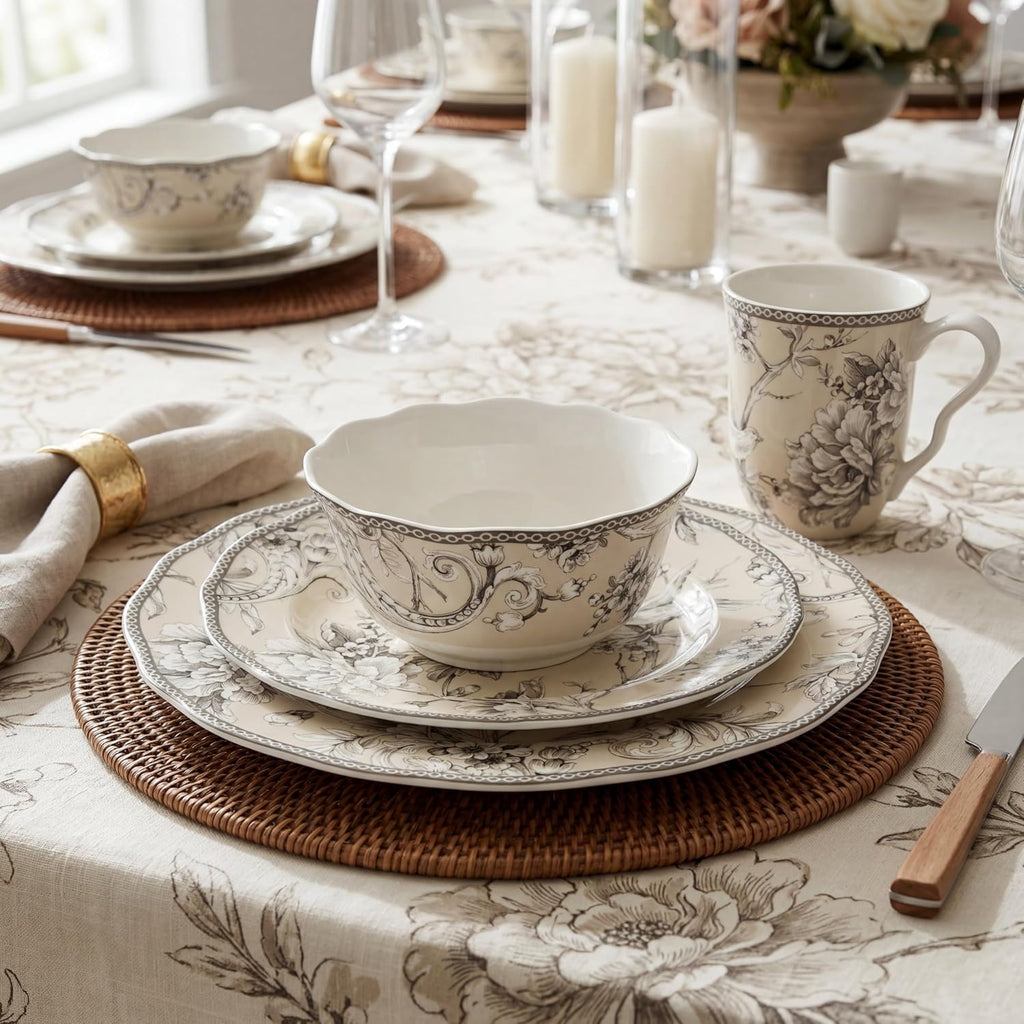 222 Fifth Adelaide 16-Piece Traditional Antique White Porcelain Dinnerware Set – Service for 4, Romantic Bird & Floral Design, Everyday Big Dinner Plates and Bowls Sets, Microwave & Dishwasher Safe