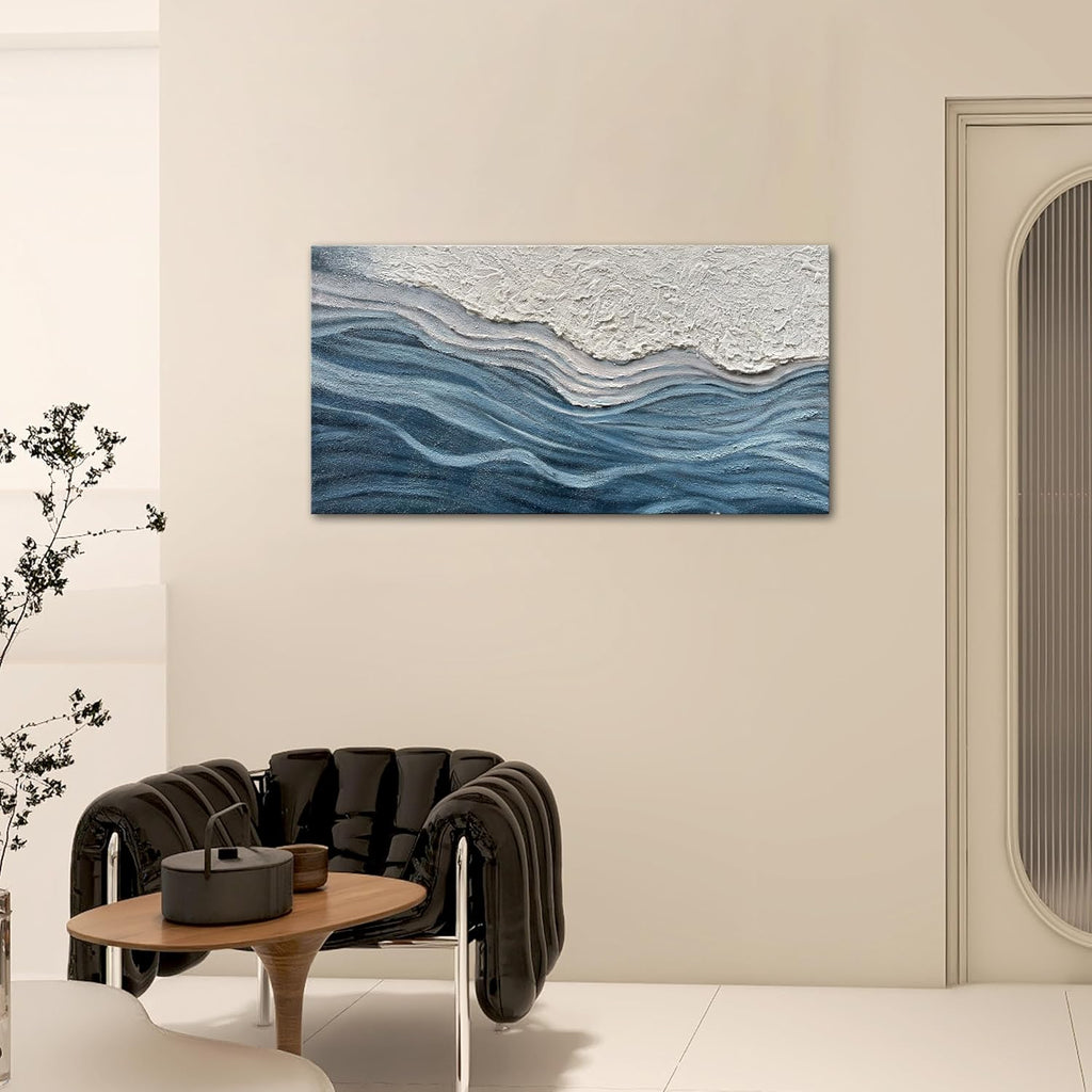 Art 24x48 inches Hand-Painted Blue and White Textured Art Oil Painting - Modern Abstract sea Wave Landscape Art - Suitable for Wall Decoration in Home Office