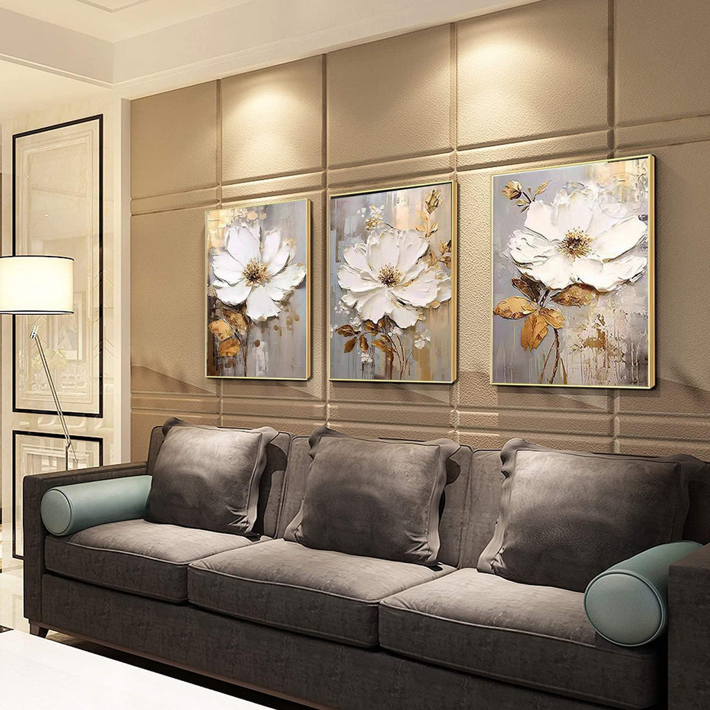 3 Piece Framed Canvas Wall Art for Living Room, Textured White Floral Abstract Oil Painting with Gold Frame, Modern Luxury Flower Wall Decor for Bedroom Office, Each Panel 20x28 Inches