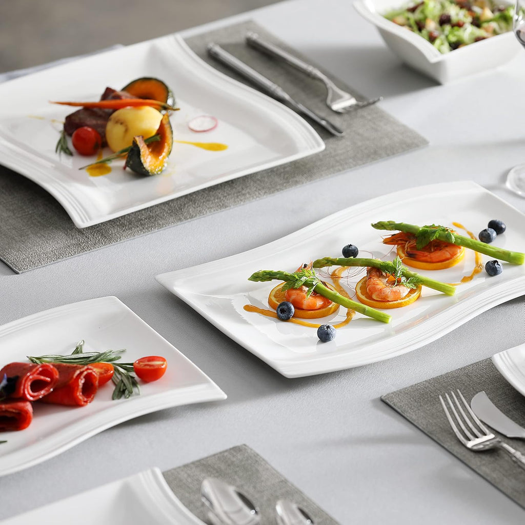 MALACASA Plates and Bowls Sets, 26 Pieces Ivory White Porcelain Dinnerware Sets without Mugs, Square Dinnerware with Dinner Plates, Bowls and Serving Platters, Modern Dish Set for 6, Series Flora
