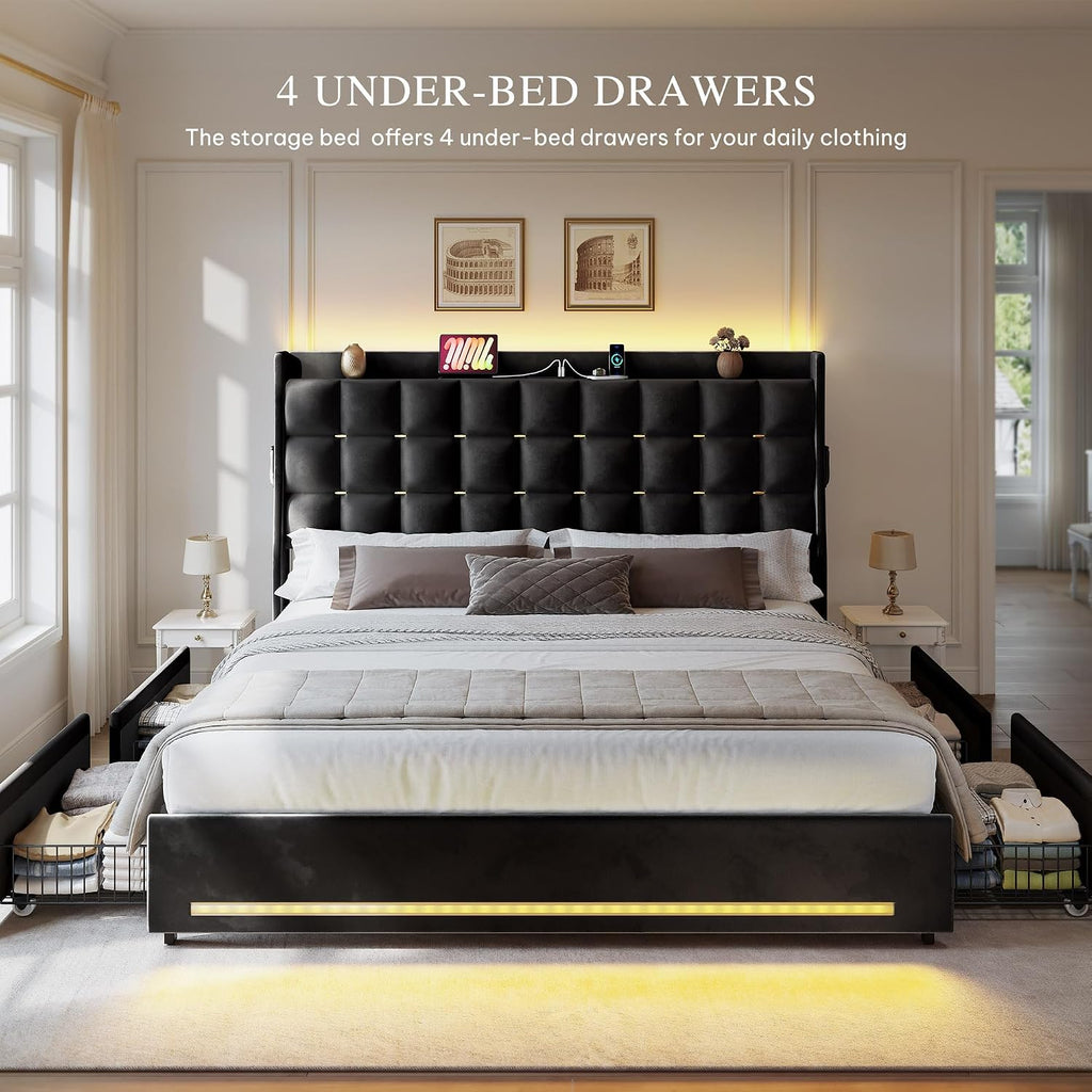DWVO Queen Size Bed Frame with 4 Drawers and RGB LED Lights, Velvet Upholstered Platform Bed with Charging Station and Storage Headboard, No Box Spring Needed, Easy Assembly, Noise-Free, Black