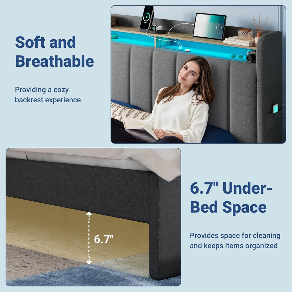 Allewie King Size Bed Frame with 2-Tier LED Storage Headboard, Upholstered King Platform Bed Frame with 2 Storage Drawers, USB & Type-C Charging Ports, Noise-Free/No Box Spring Needed, Dark Grey