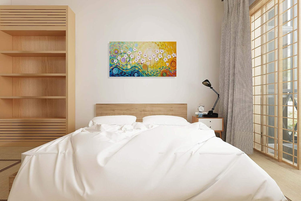 Yihui Arts Hand-Painted Textured Floral Wall Art, Vibrant Abstract Flower Canvas Painting with Thick Textures, Modern Boho Decor for Living Room Bedroom, Colorful Blooming Daisy Artwork