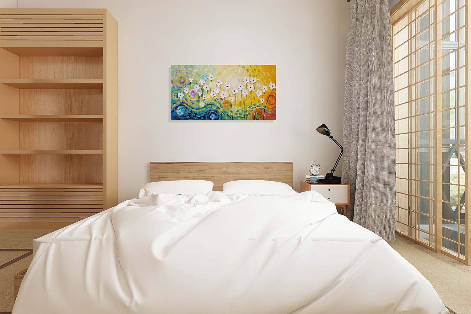 Yihui Arts Hand-Painted Textured Floral Wall Art, Vibrant Abstract Flower Canvas Painting with Thick Textures, Modern Boho Decor for Living Room Bedroom, Colorful Blooming Daisy Artwork