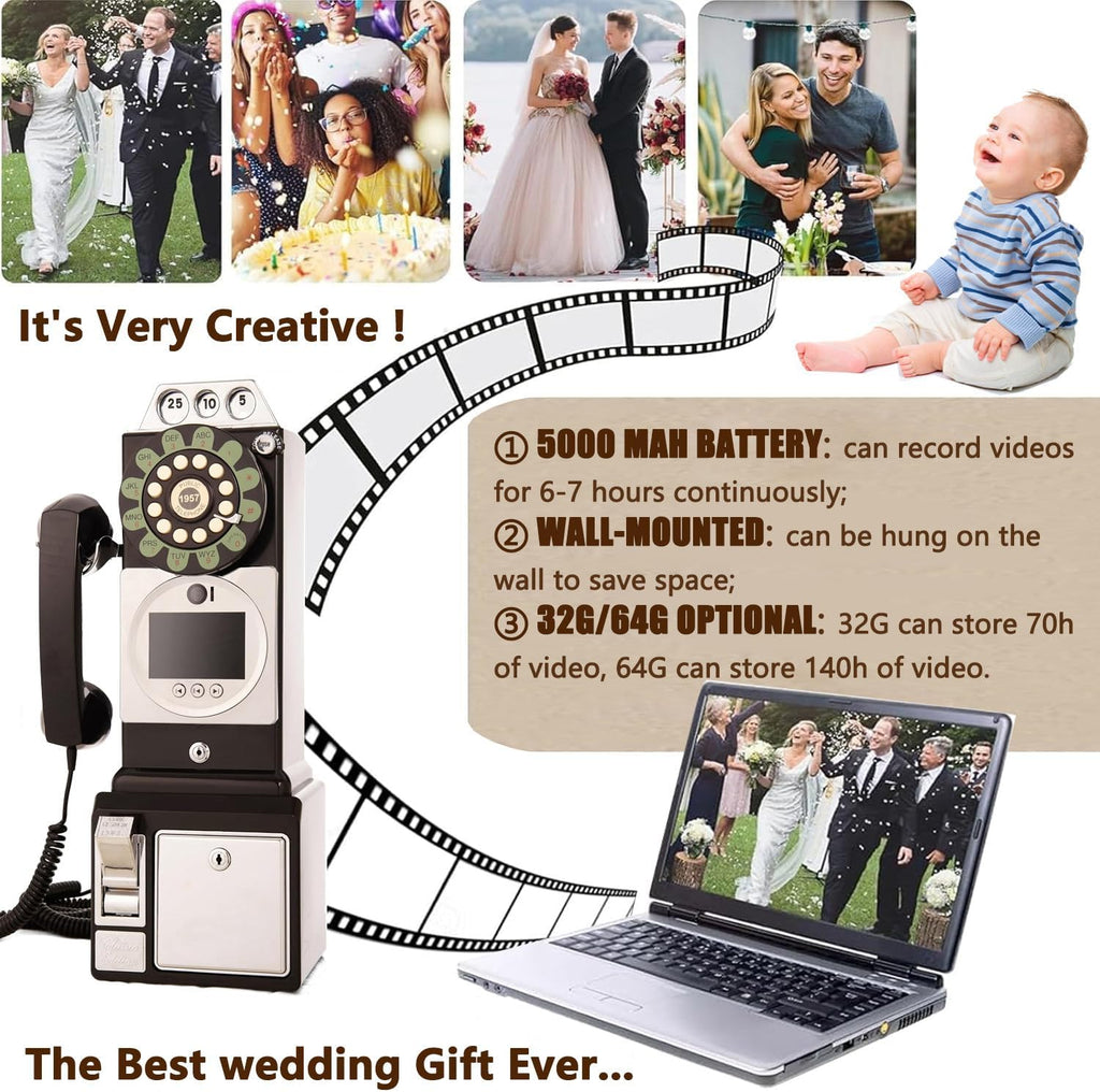 Audio Video Guest Book Wedding Phone, 1080P Video Guestbook Wedding Phone, Video Audio Guest Book Phone, with Lens Recording, 32G 64G Large Memory, Clear Voice, for Weddings,Black-32G