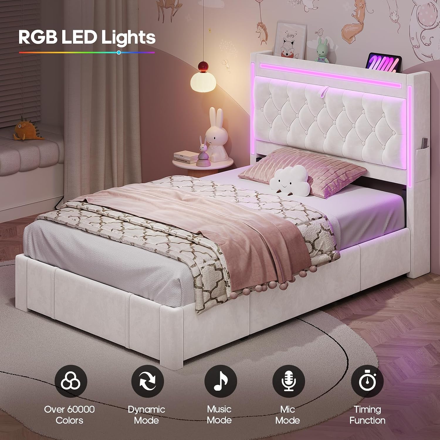 HAUOMS Twin Bed Frame with Storage Headboard & 3 XL Drawers, Power Outlet Type-C/A, Velvet Upholstered Princess Girls Bed Twin Size, No Box Spring Needed, Creamy White