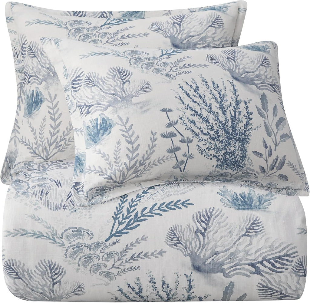 Hiend Accents Oceania Coastal Bedding 3 Piece Queen Comforter Set, Blue White Coral Print Linen Blend Bedding Set, Classic Chic Casual Bed Set, 1 Comforter and 2 Pillow Shams