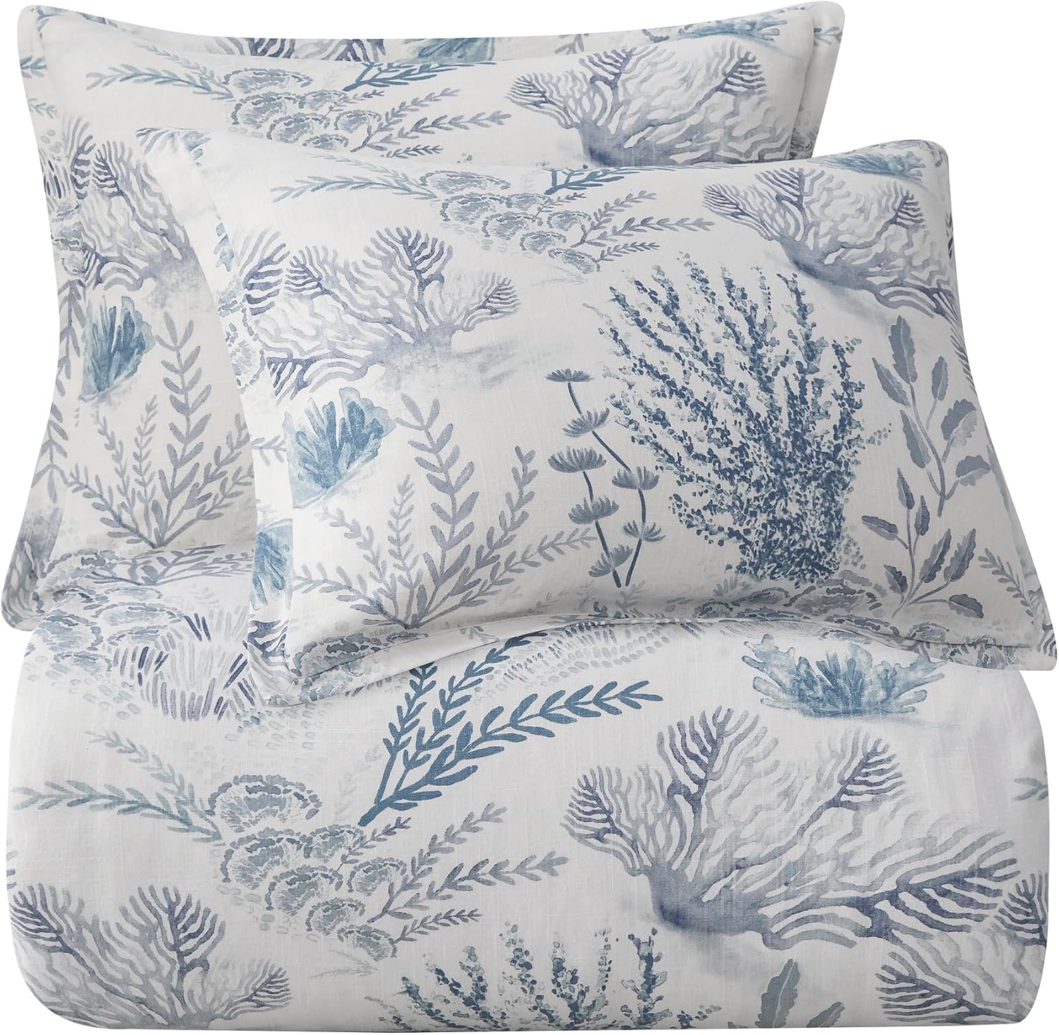 Hiend Accents Oceania Coastal Bedding 3 Piece Queen Comforter Set, Blue White Coral Print Linen Blend Bedding Set, Classic Chic Casual Bed Set, 1 Comforter and 2 Pillow Shams