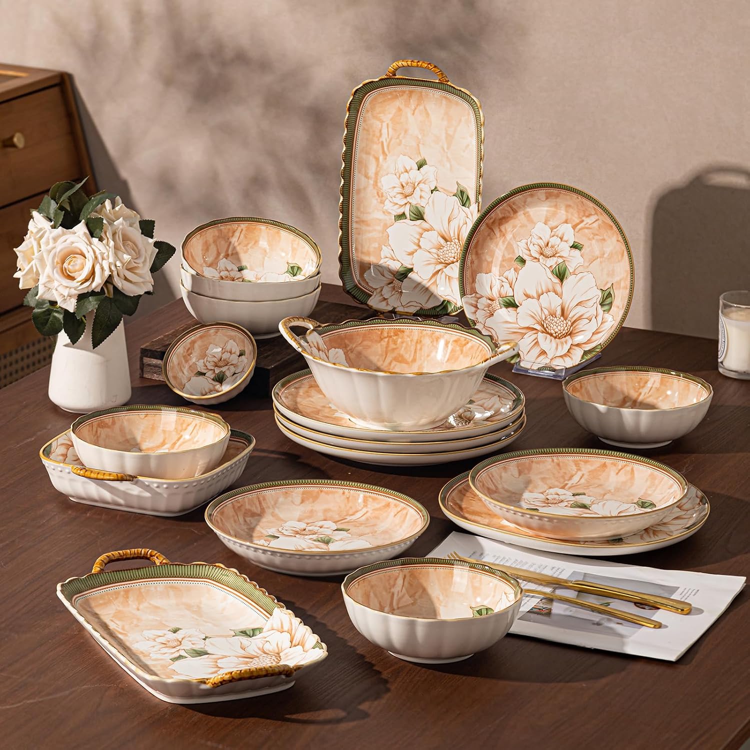 36-Piece Dinnerware Set for 6, Porcelain Plates and Bowls Sets, Vintage Camellia Flower Pattern Elegant Tableware, Chip-Resistant Stackable Ceramic Dish Set, Microwave & Dishwasher Safe