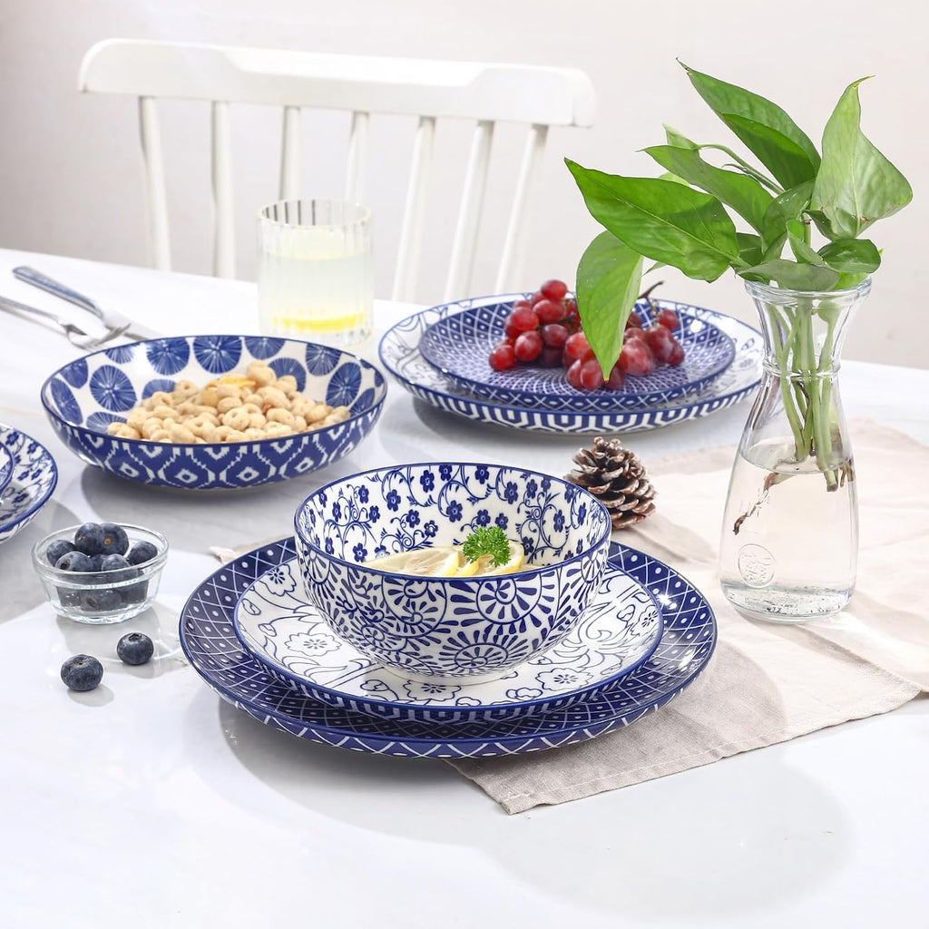 Selamica Ceramic Plates and Bowls Sets,24 Pieces Dinnerware Sets for 6,Scratch Resistant Dish Set for holiday gathering, Dishwasher & Microwave Safe, Vintage Blue