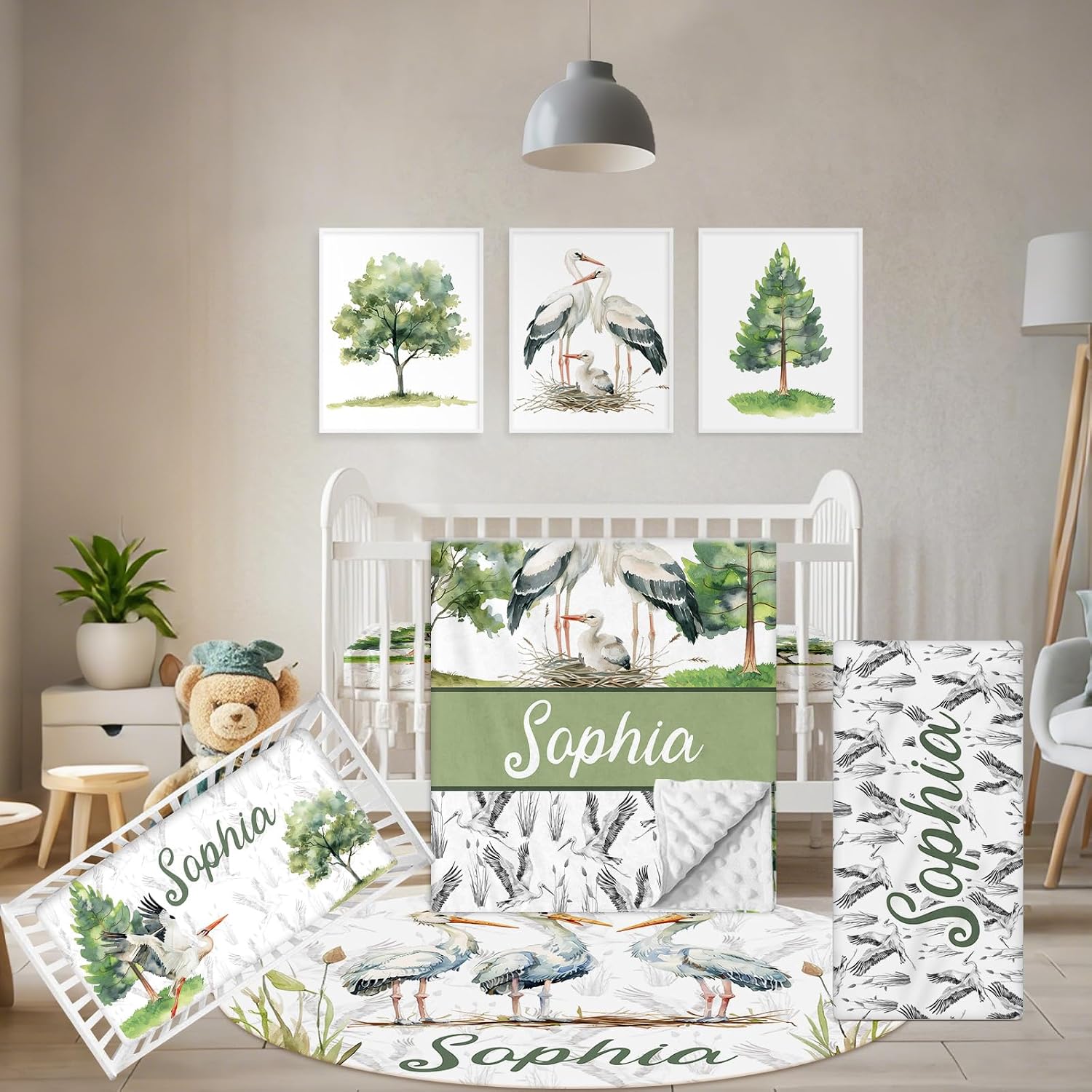 Terwex Custom Baby Crib Bedding Set, 5 Pcs Personalized Name Baby Crib Sets for Infant Toddler, Green Crane Nursery Bedding Set for Boy Girl, Double Layer Flannel Baby Bedding Sets Customized Gifts