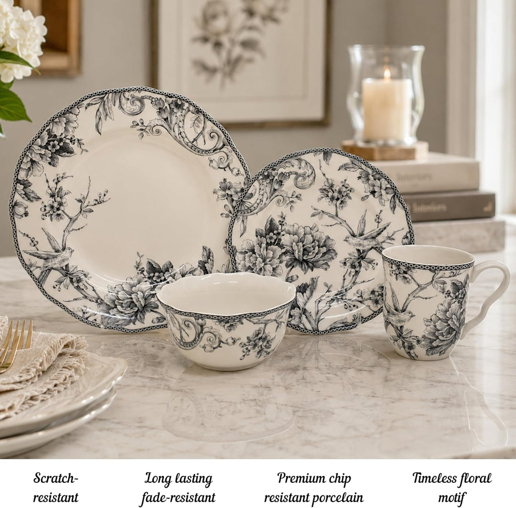 222 Fifth Adelaide 16-Piece Casual Grey Porcelain Dinnerware Set – Service for 4, Classic Toile Bird & Floral Design, Microwave & Dishwasher Safe, for Everyday Dining & Entertainment