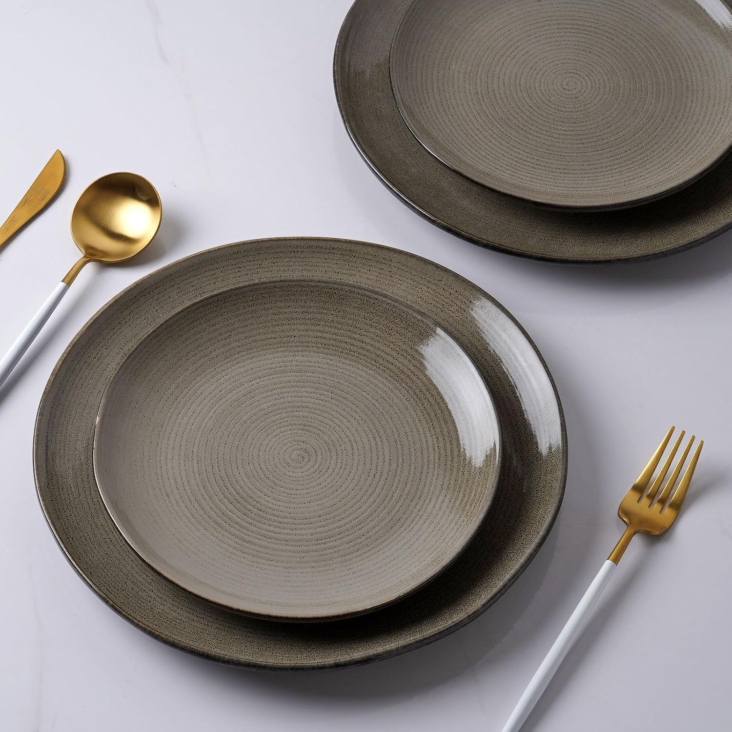 famiware Tempus Plates and Bowls Sets for 8, 24 Pieces Stoneware Dinnerware Sets, Dishes Set, Reactive Glaze Dishware Sets, Dishwasher & Microwave Safe - Dark Olive