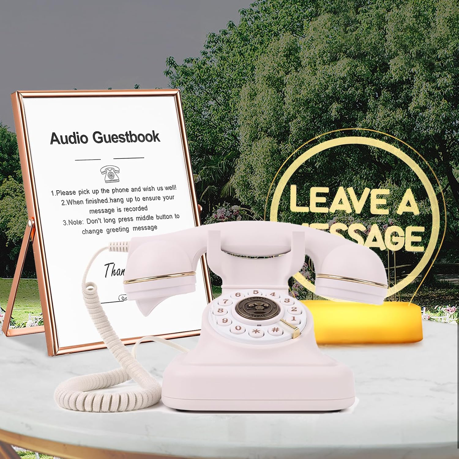 Audio Guest Book Phone, Retro Style Antique Audio guestbook Phone with Free LED Wedding Sign and A5 Vertical Photo Frame (White)