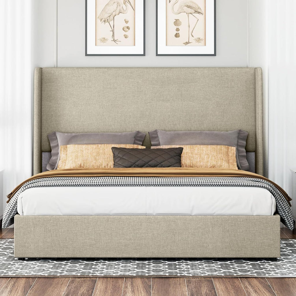 Jocisland King Size Upholstered Platform Bed Frame with Hydraulic Lift Storage, Wingback Headboard, Wood Slats Support, No Box Spring Needed, Linen Khaki
