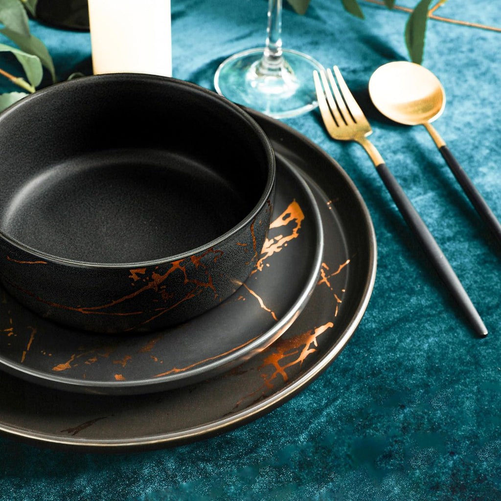 Stone Lain Porcelain 16-Piece Dinnerware Set – Black with Gold Splash, Service for 4 – Elegant Dinner Plates, Salad Plates, Bowls & Mugs – Modern Round Tableware, Dishwasher Safe