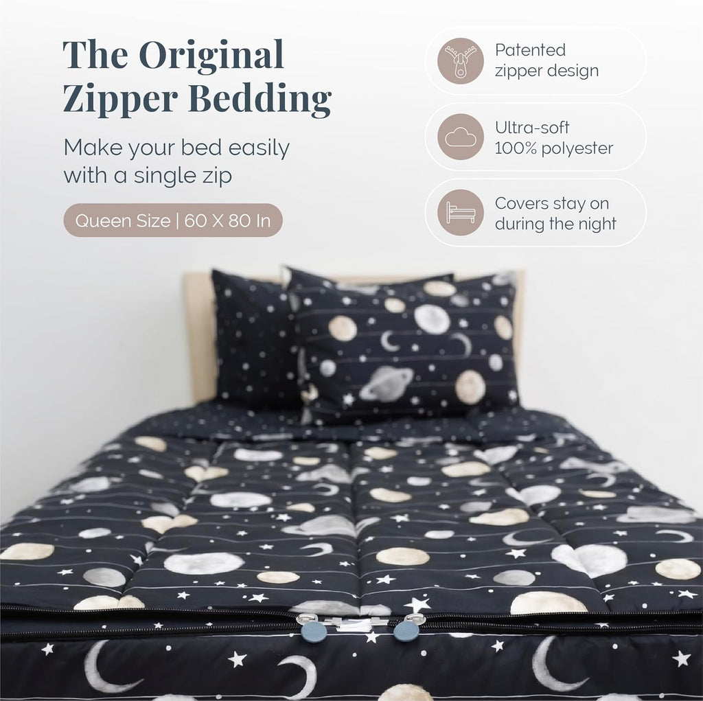 Beddy's Outer Space Themed Durable Zipper Bedding for Kids/Teens - Bed in a Bag-Black Sheets & Universe Galaxy Comforter Stars & Solar System,Includes 2 Pillowcases & 2 Shams-Easy to Make & Wash-Queen