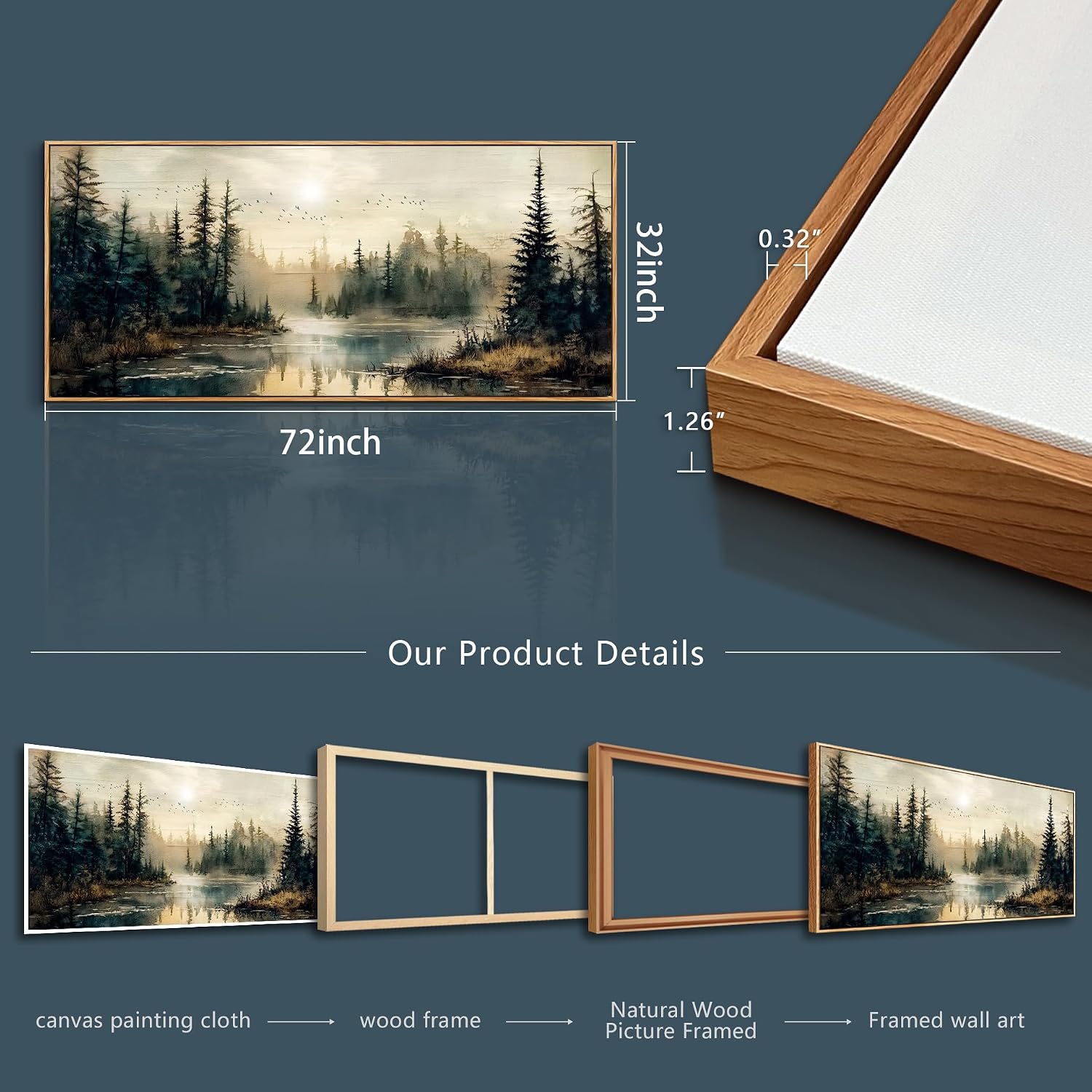 FUHAIHUA Wood Framed Large Wall Decor For Living Room Canvas Wall Art For Office Farmhouse Wall Decorations For Bedroom Forest River Landscape Paintings Modern Pictures Artwork Room Home Decor 32x72 In