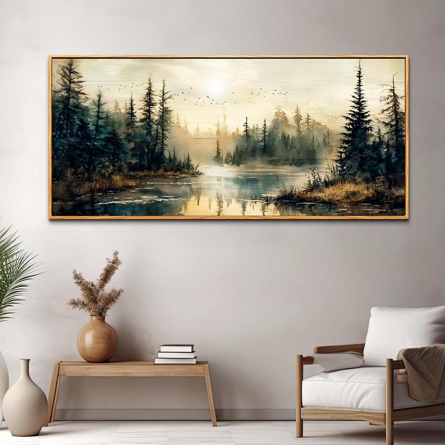 FUHAIHUA Wood Framed Large Wall Decor For Living Room Canvas Wall Art For Office Farmhouse Wall Decorations For Bedroom Forest River Landscape Paintings Modern Pictures Artwork Room Home Decor 32x72 In