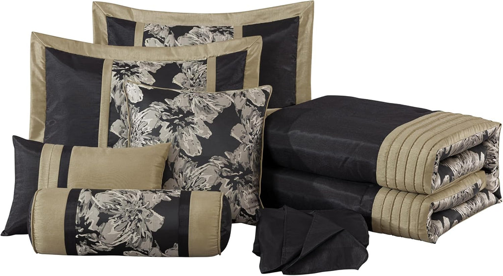 Chezmoi Collection Kelsey Comforter Set Oversized King Size, 7-Piece Black Gold Hibiscus Floral Jacquard Bedding Set