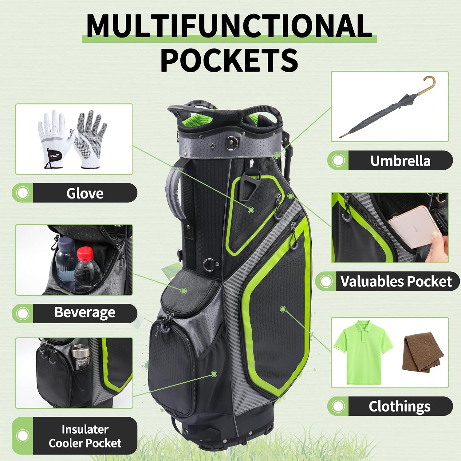 14 Way Golf Stand Bag, Golf Bags for Men with Stand, Full Length Top Dividers Ergonomic with 8 Pockets Golf Club Bags Lightweight and Durable for Men & Women