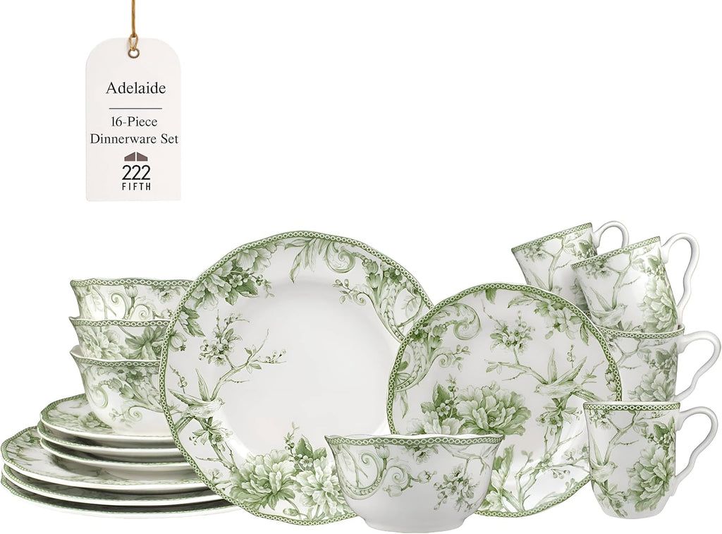 222 Fifth Adelaide Moss 16-Piece Porcelain Dinnerware Set – Service for 4, Big Dinner Plates and Bowls Sets with Mugs, Hand-Applied Decal, Microwave & Dishwasher Safe, for Everyday Entertainment