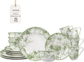 222 Fifth Adelaide Moss 16-Piece Porcelain Dinnerware Set – Service for 4, Big Dinner Plates and Bowls Sets with Mugs, Hand-Applied Decal, Microwave & Dishwasher Safe, for Everyday Entertainment