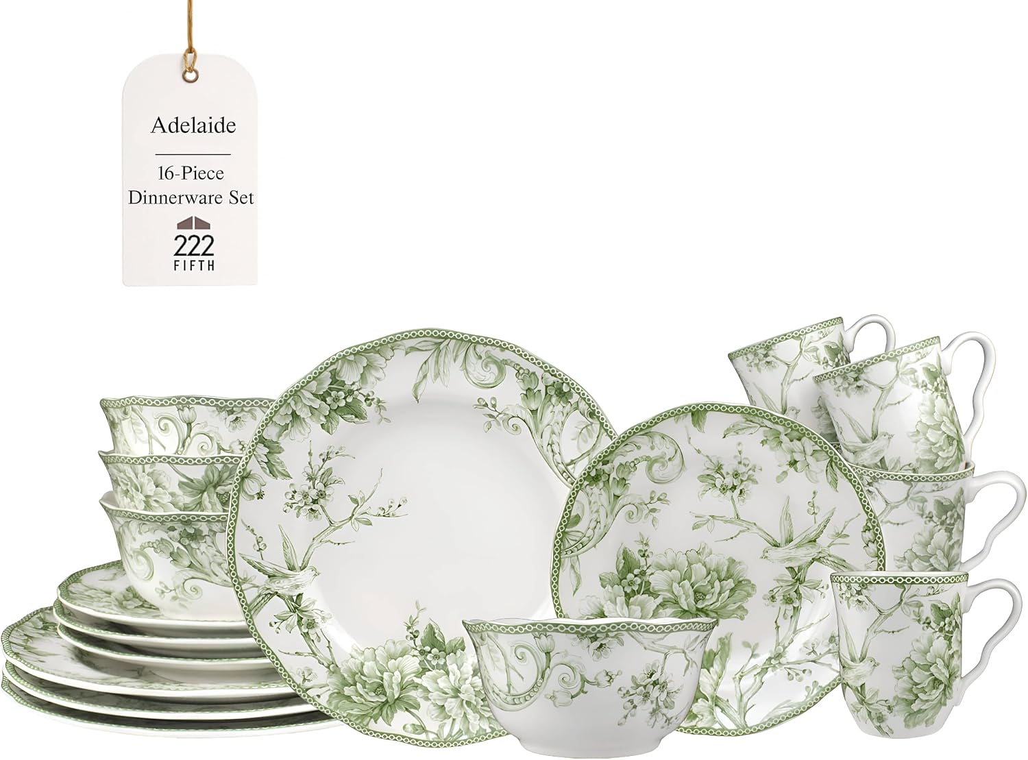 222 Fifth Adelaide Moss 16-Piece Porcelain Dinnerware Set – Service for 4, Big Dinner Plates and Bowls Sets with Mugs, Hand-Applied Decal, Microwave & Dishwasher Safe, for Everyday Entertainment