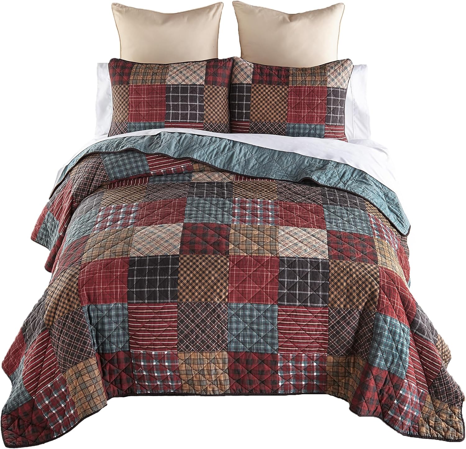 Donna Sharp Appalachia Plaid Cotton Pieced Patchwork Quilted Bedding Set - 3-Piece King Size Quilt Set - Includes 1 Quilt and 2 Pillow Shams - Machine Washable - Perfect for Rustic Decor