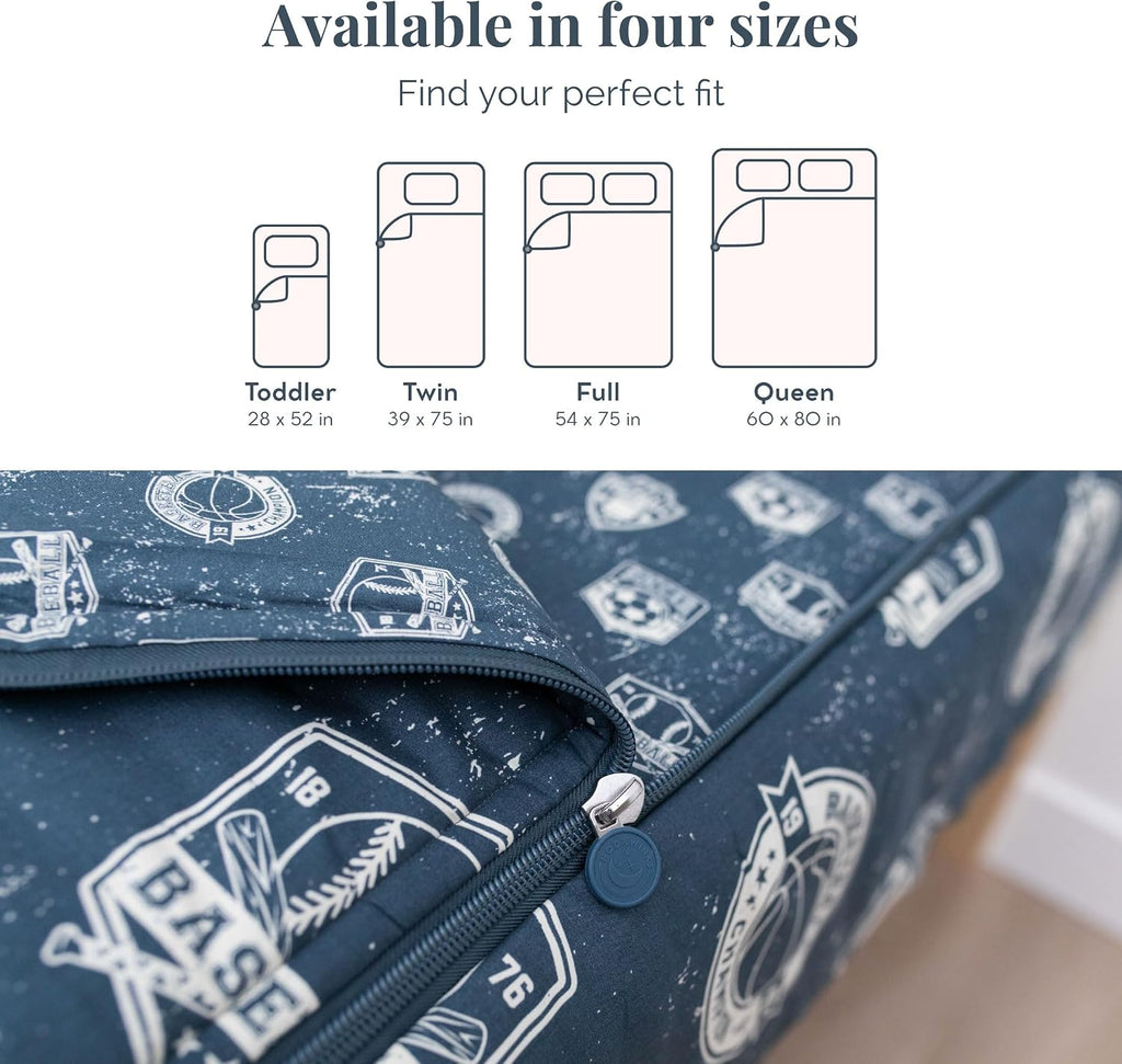 Beddy's Sports Theme Durable Zipper Bedding for Kids - Bed in a Bag - Blue Sheets with Baseball, Football, Basketball, Soccer Comforter - Includes Pillowcase & Sham - Easy to Make & Wash - Twin