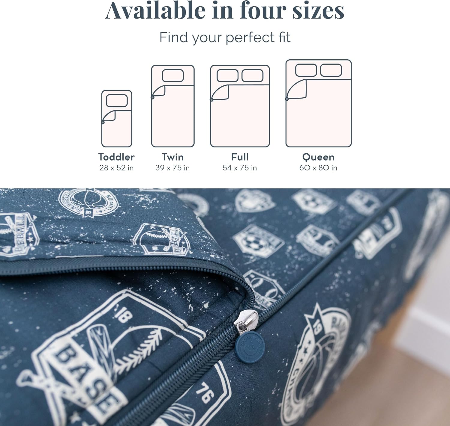 Beddy's Sports Theme Durable Zipper Bedding for Kids - Bed in a Bag - Blue Sheets with Baseball, Football, Basketball, Soccer Comforter - Includes Pillowcase & Sham - Easy to Make & Wash - Twin