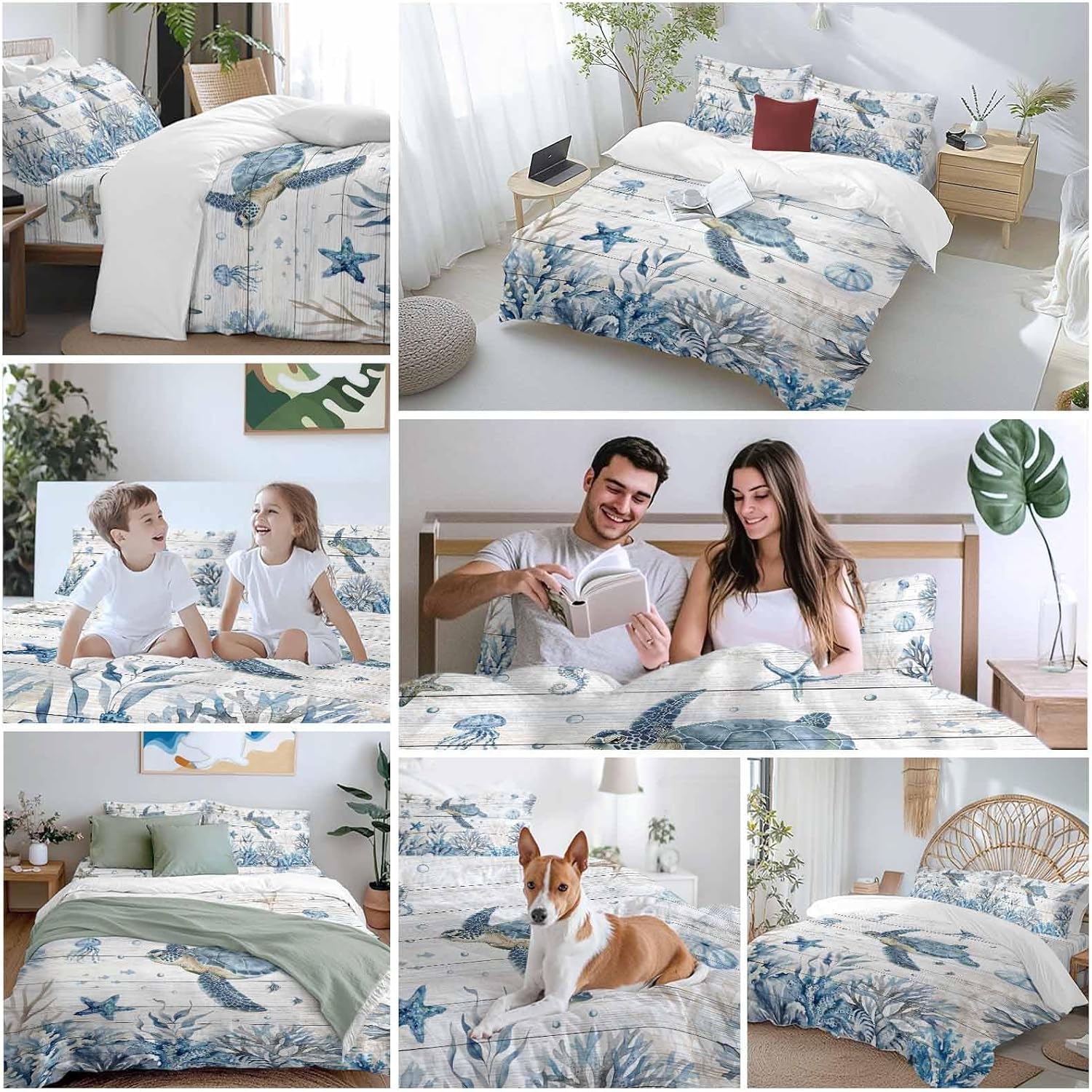 Marine Life Duvet Cover Set Queen Size 4 Pieces Ocean Turtle Coral Starfish Seashell Coastal Wood Grain Bedding Set with Zipper Closure, 1 Comforter Cover 90x92 Inches 1 Flat Sheet & 2 Pillow Cases