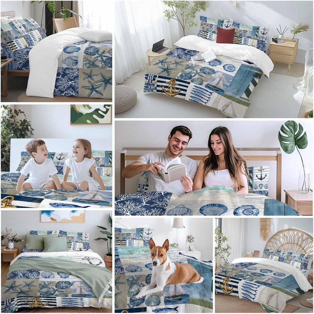 Summer Nautical Duvet Cover Set Queen Size 4 Pieces Blue Starfish Shells Anchor Boat Patchwork Bedding Set with Zipper Closure, 1 Comforter Cover 90x92 Inches 1 Flat Sheet & 2 Pillow Cases