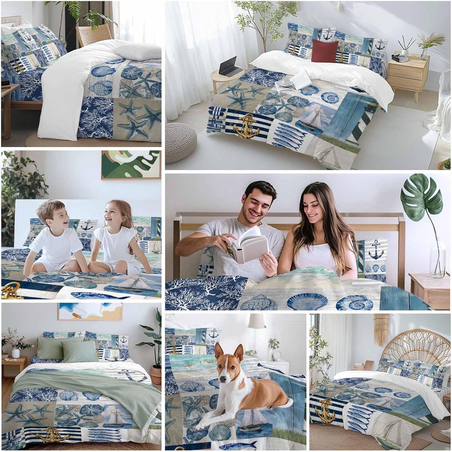 Summer Nautical Duvet Cover Set Queen Size 4 Pieces Blue Starfish Shells Anchor Boat Patchwork Bedding Set with Zipper Closure, 1 Comforter Cover 90x92 Inches 1 Flat Sheet & 2 Pillow Cases