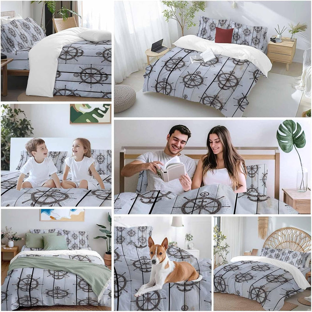 Summer Coastal Duvet Cover Set Queen Size 4 Pieces Nautical Brown Anchor Rudder Ocean Gray Wood Grain Bedding Set with Zipper Closure, 1 Comforter Cover 92x106 Inches 1 Flat Sheet & 2 Pillow Cases