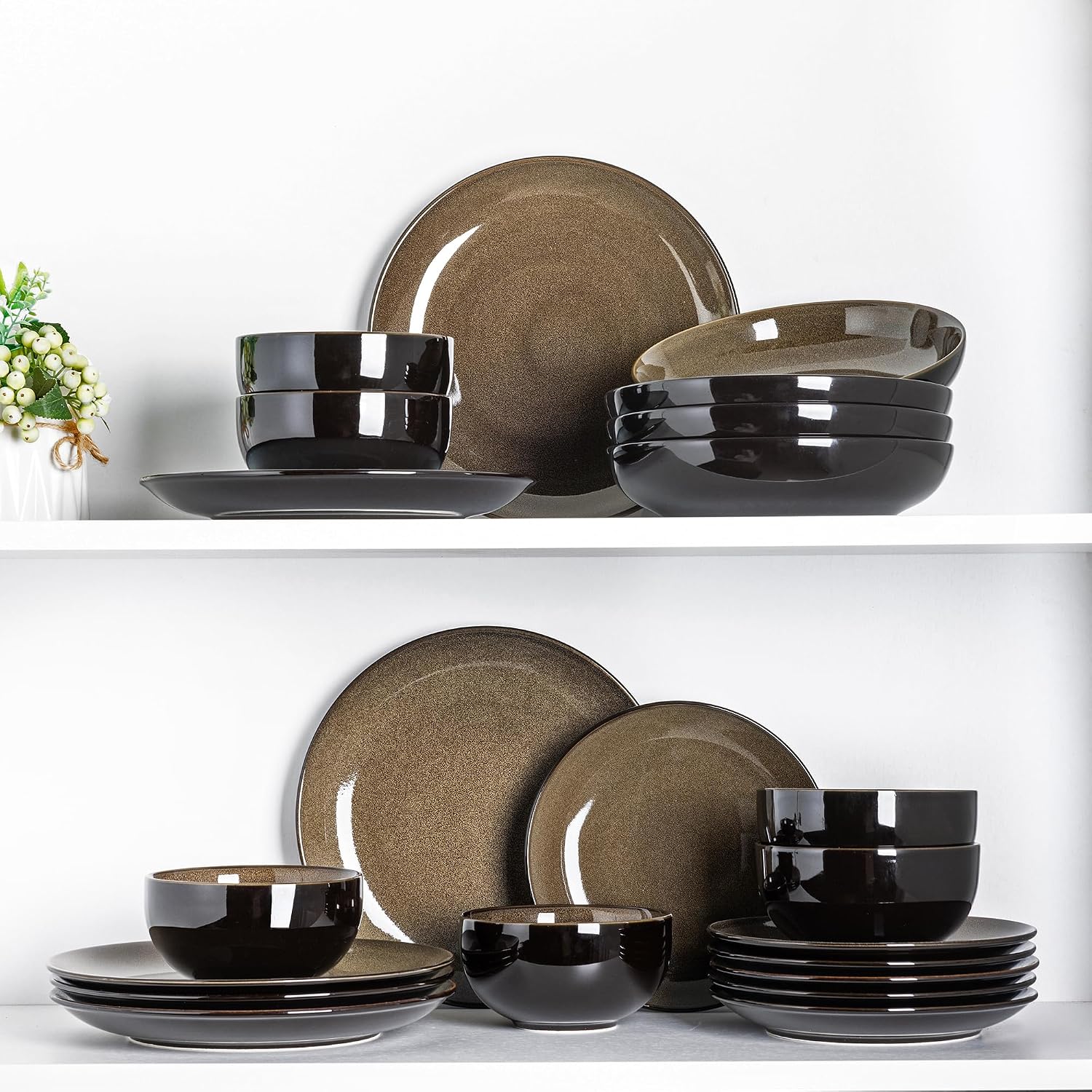 LERATIO Ceramic Dinnerware Sets for 8,Stoneware Plates and Bowls Sets,Handmade Reactive Glaze Dishes Set,Chip Resistant and Scratch Resistant | Oven&Dishwasher & Microwave Safe-Chestnut(24PCS)