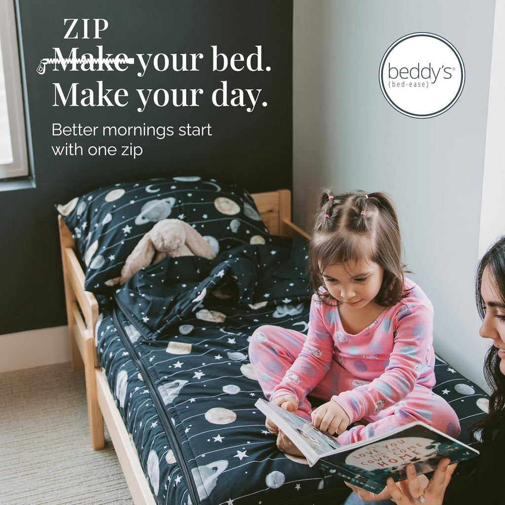 Beddy's Outer Space Themed Durable Zipper Bedding for Kids/Teens - Bed in a Bag-Black Sheets & Universe Galaxy Comforter Stars & Solar System,Includes 2 Pillowcases & 2 Shams-Easy to Make & Wash-Queen