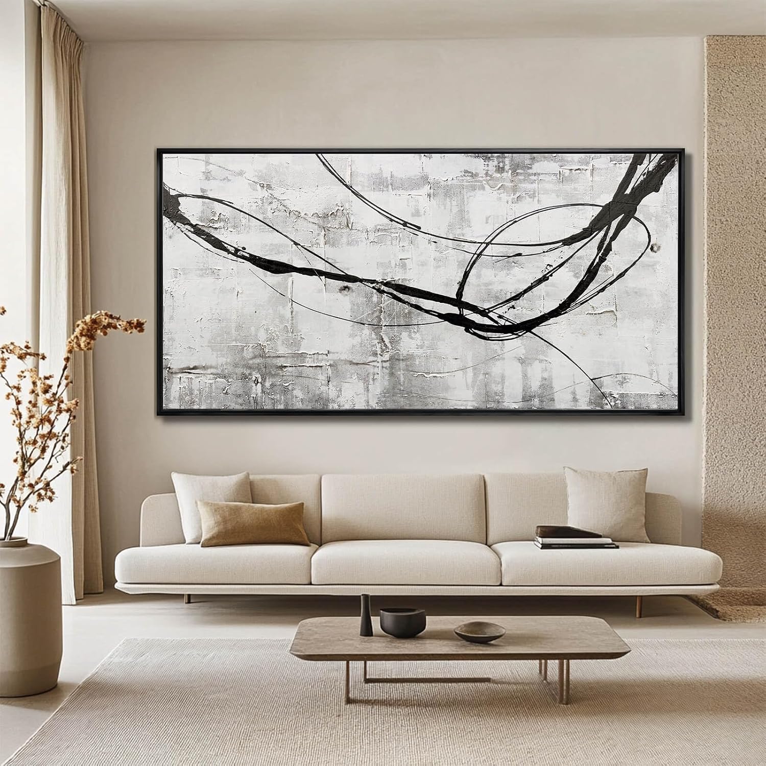 XIANSHOU Black Line Canvas Pictures Gray Decorative Painting 29'x58' Wood Wall Art Modern Art Prints Abstract Wall Art for Living Room Wall Pictures for Bedroom