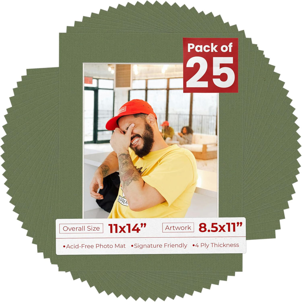 8.5x11 Mat for 11x14 Frame - Precut Mat Board Acid-Free Show Kit with Backing Board, and Clear Bags Dill Green 8.5x11 Photo Matte For a 11x14 Picture Frame Matboard for Framing, Pack of 25 Mats